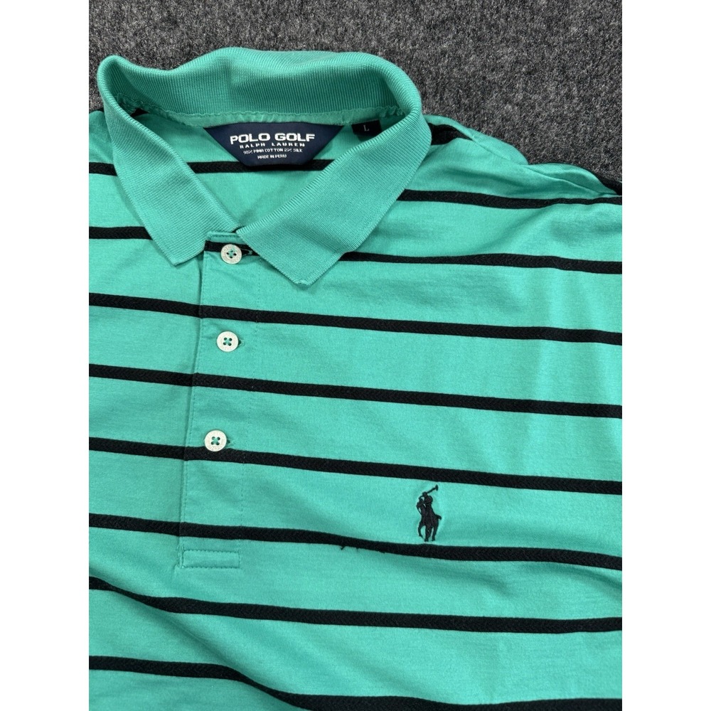 Polo Golf Ralph Lauren Polo Shirt Mens L Green Stripe Pima Cotton Silk - Picture 3 of 7
